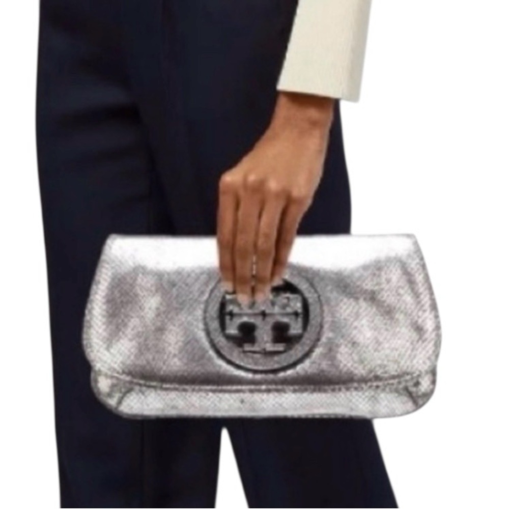 Like New TORY BURCH Crome/Silver Metallic Gunmetal Chain Linked Crossbody/Clutch